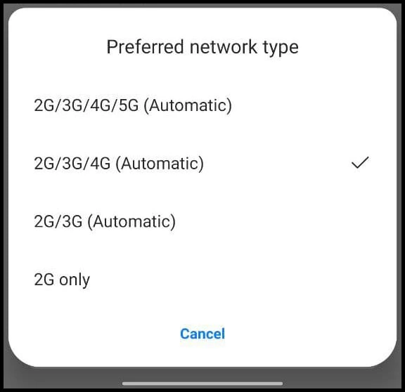در صفحه باز شده گزینه Preferred network type را انتخاب کنید. در این بخش می‌توانید شبکه 5G در گوشی وان پلاس خود را خاموش کنید. برای اینکار کافیست حالت شبکه را از "5G/4G/3G /2G" به "LTE/3G/2G" تغییر دهید.